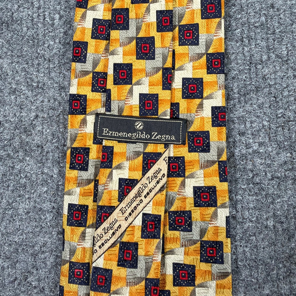 Ermenegildo Zegna Mens Silk Tie Orange Gold Geometric Square Pattern Italy #4921